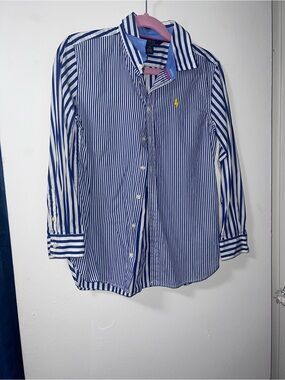 Girls Polo by Ralph Lauren Blue and White Striped Button-Up Shirt